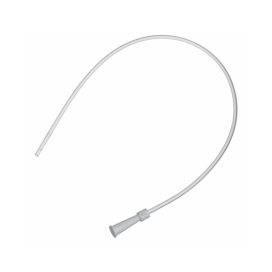 A picture of the B. Braun Ideal-type suction catheter with a straight tip and color-coded funnel adapters. The flexible, white medical tubing is coiled in a semicircular pattern, which highlights its excellent gliding properties against the plain white background.