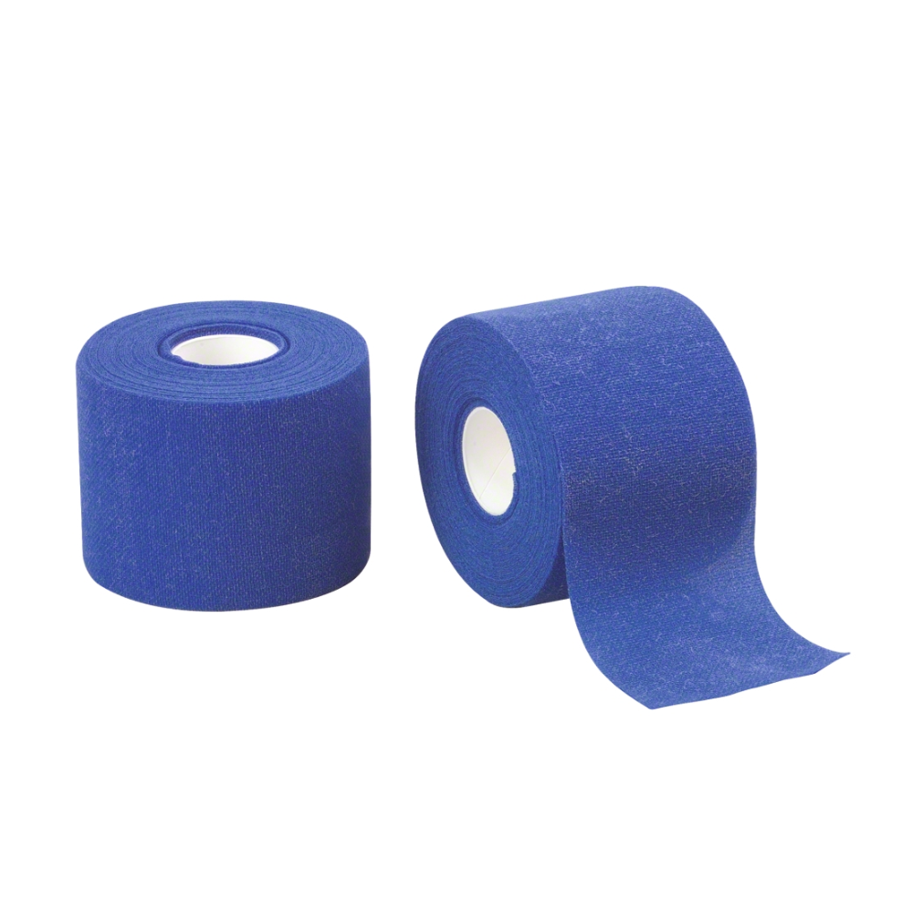Two rolls of B. Braun Askina® Haft color fixation bandage, blue, from B. Braun Deutschland GmbH & Co. KG, are displayed. One roll is upright with a piece of tape unrolled, while the other roll is lying on its side. Both have a white inner core.