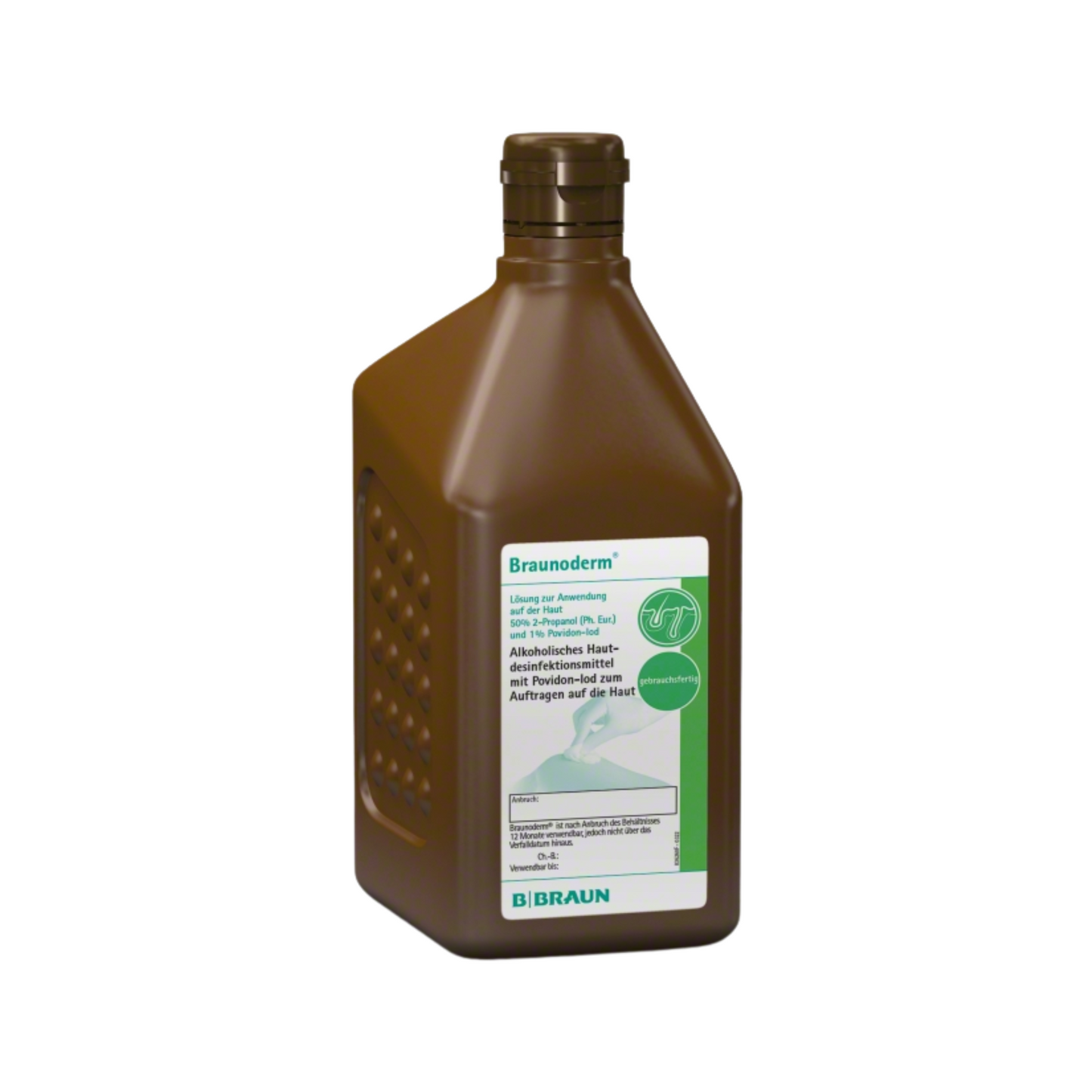 A brown bottle of B. Braun Braunoderm® skin disinfectant from B. Braun Deutschland GmbH & Co. KG is characterized by a white label with text and symbols that stands out clearly. The textured sides provide a secure grip, while the screw cap securely seals the preoperative disinfectant solution and is clearly labeled in German for application on the skin.