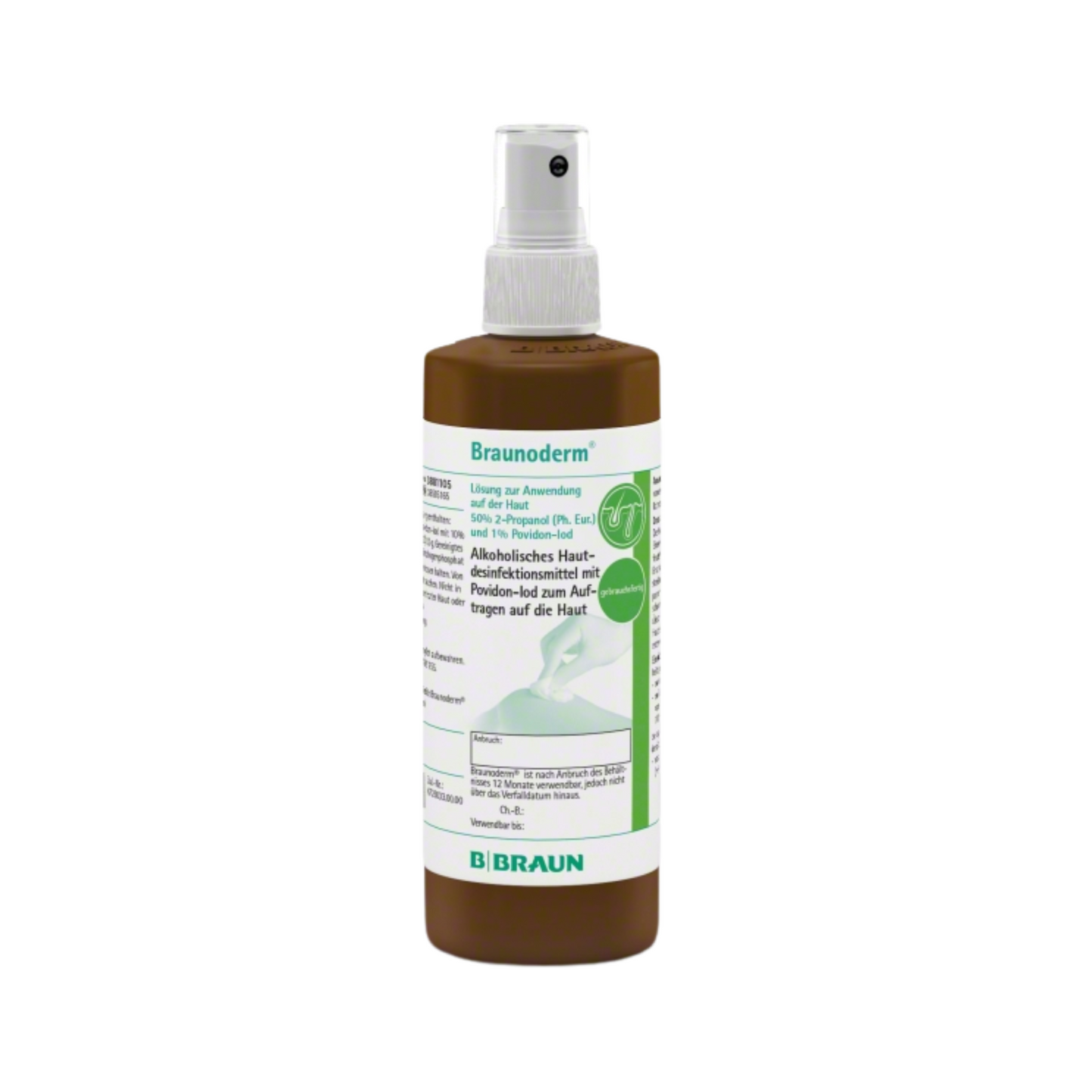 The B. Braun Braunoderm® skin disinfectant is an antiseptic skin solution with a practical spray nozzle. The green-white label clearly displays the brand name “B. Braun Deutschland GmbH & Co. KG” and is therefore perfect for preoperative disinfection.