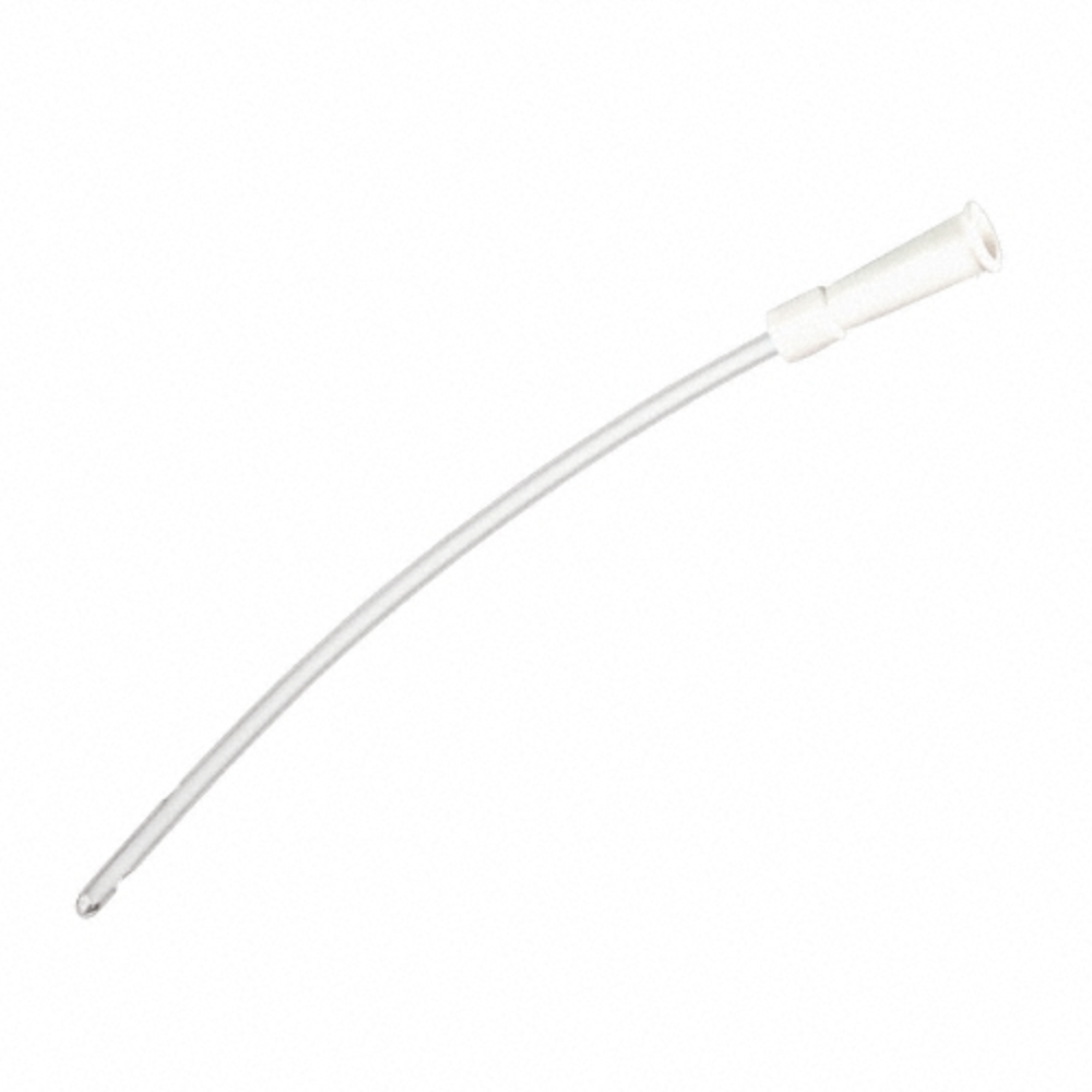We present the B.Braun disposable catheter for women with closed Nelaton tip, 18 cm from B. Braun Deutschland GmbH & Co. KG. This white, curved catheter with a closed Nelaton tip and opening at the end is designed for safe catheterization. Its simple and unobtrusive background emphasizes its medical purpose, making it ideal as a disposable catheter for women.