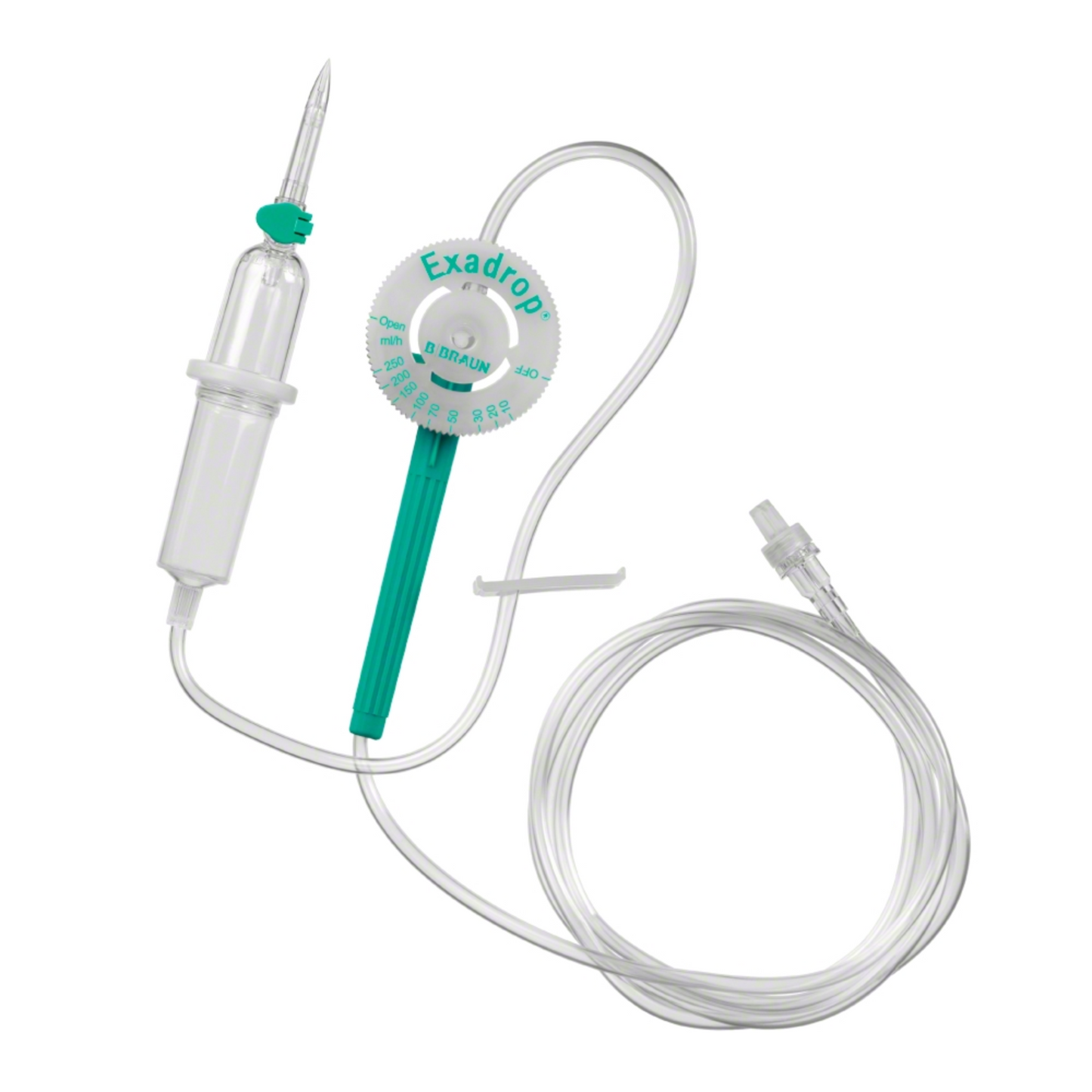 The image shows a B. Braun Exadrop® standard infusion device, 210 cm, from B. Braun Deutschland GmbH & Co. KG, equipped with a needle, a drip chamber, a green precision drop regulator for precise infusion control, and a long transparent tube with a connector at the end.