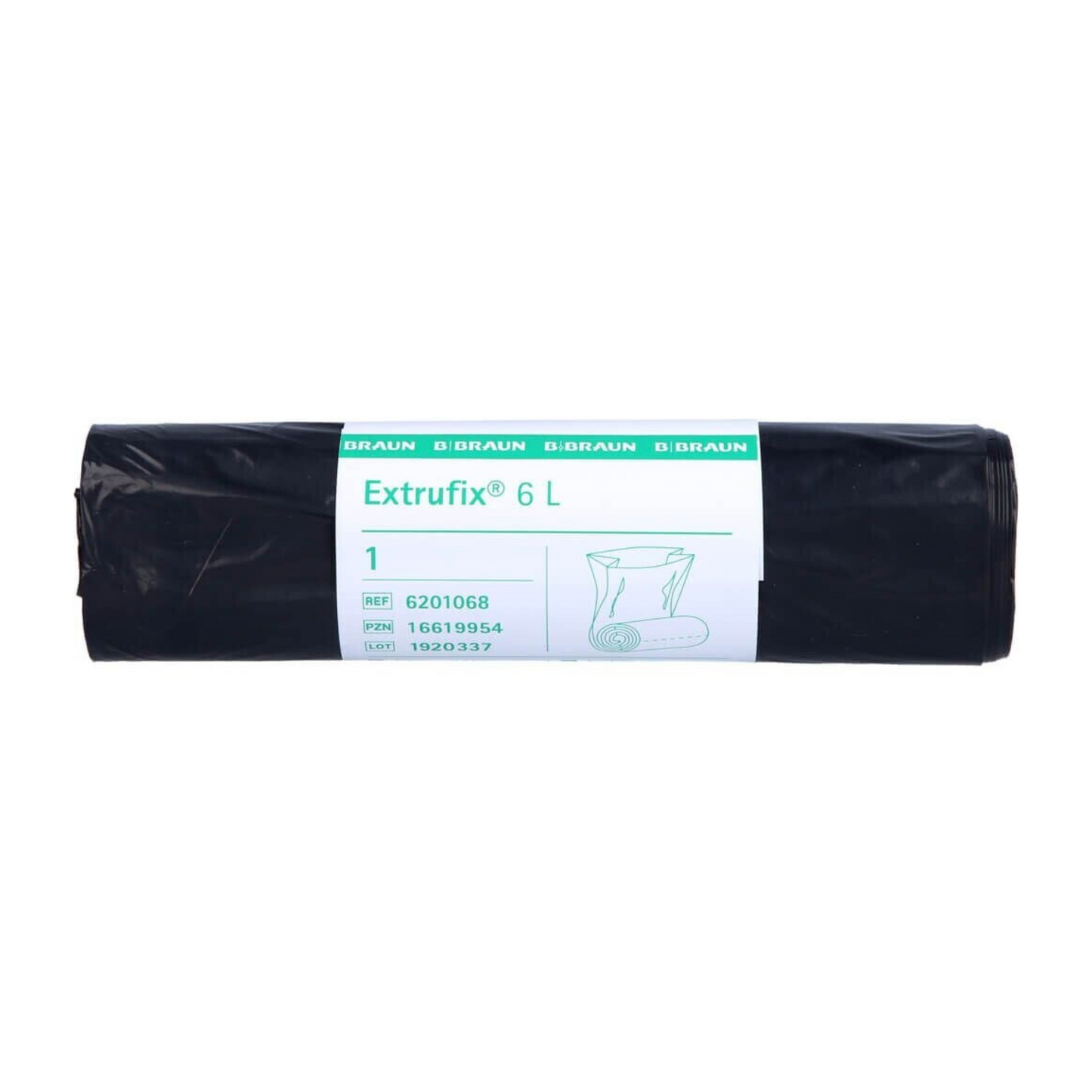A rolled-up black bag with the inscription „B. Braun Extrufix® garbage bags made of LDPE, 6 liters“ and product details such as reference numbers and quantities, ideal for use as LDPE garbage bags.