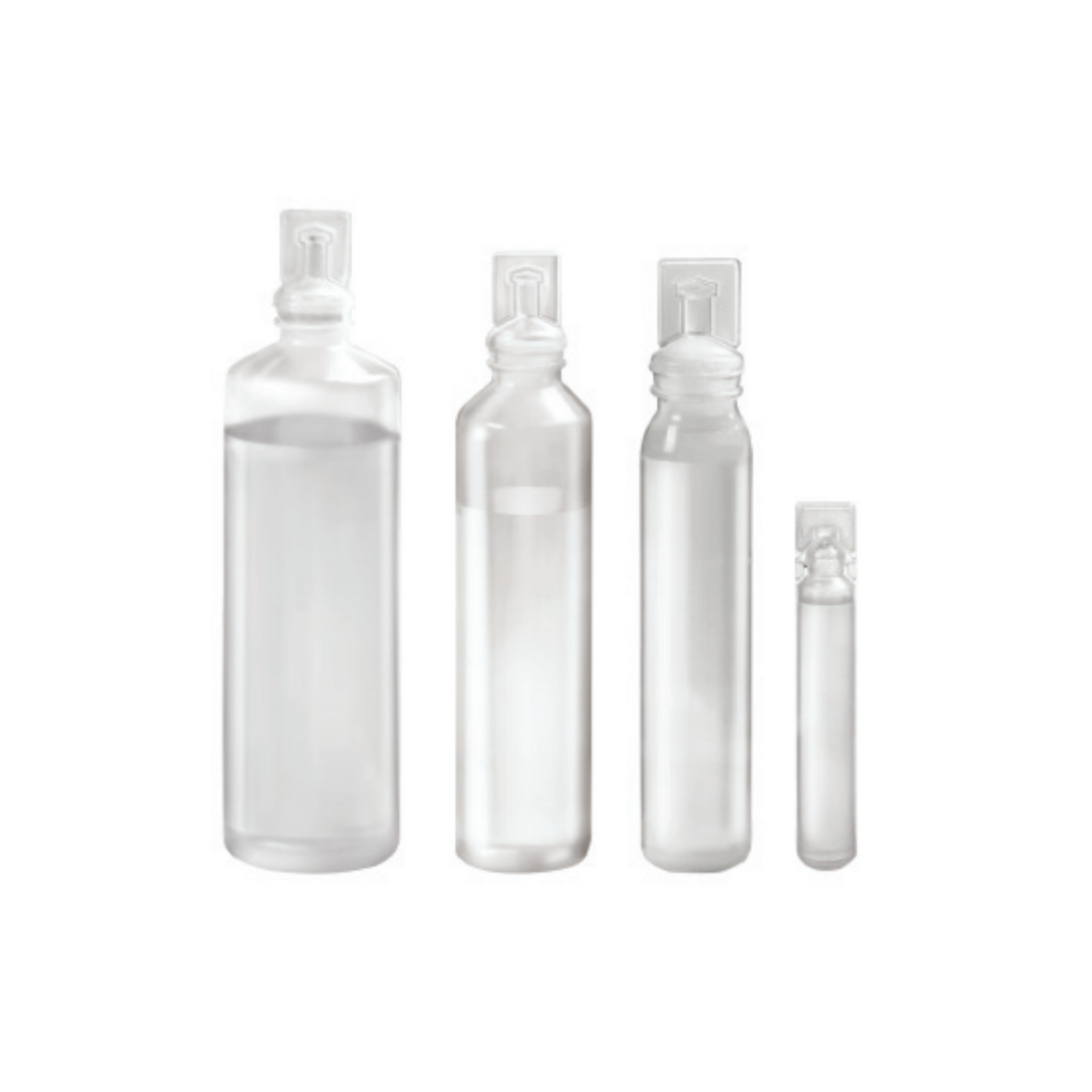 Four transparent B. Braun NaCl 0.9% Ecolav® Topical Rinse Solution bottles, manufactured by B. Braun Deutschland GmbH & Co. KG, are arranged in a row from largest to smallest. Each bottle is designed for a 0.9% NaCl solution and features a sealed, flat cap with a minimalist design without visible labels or markings.