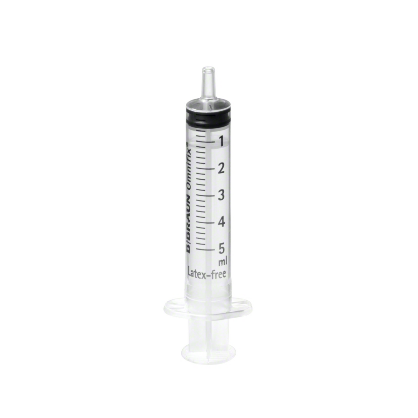 The B. Braun Omnifix® Luer Solo disposable syringe from B. Braun Deutschland GmbH & Co. KG is a transparent, latex-free plastic syringe with a capacity of 5 milliliters. It features black milliliter markings and a gray plunger, has a Luer fitting, and is sterile packaged for optimal use.