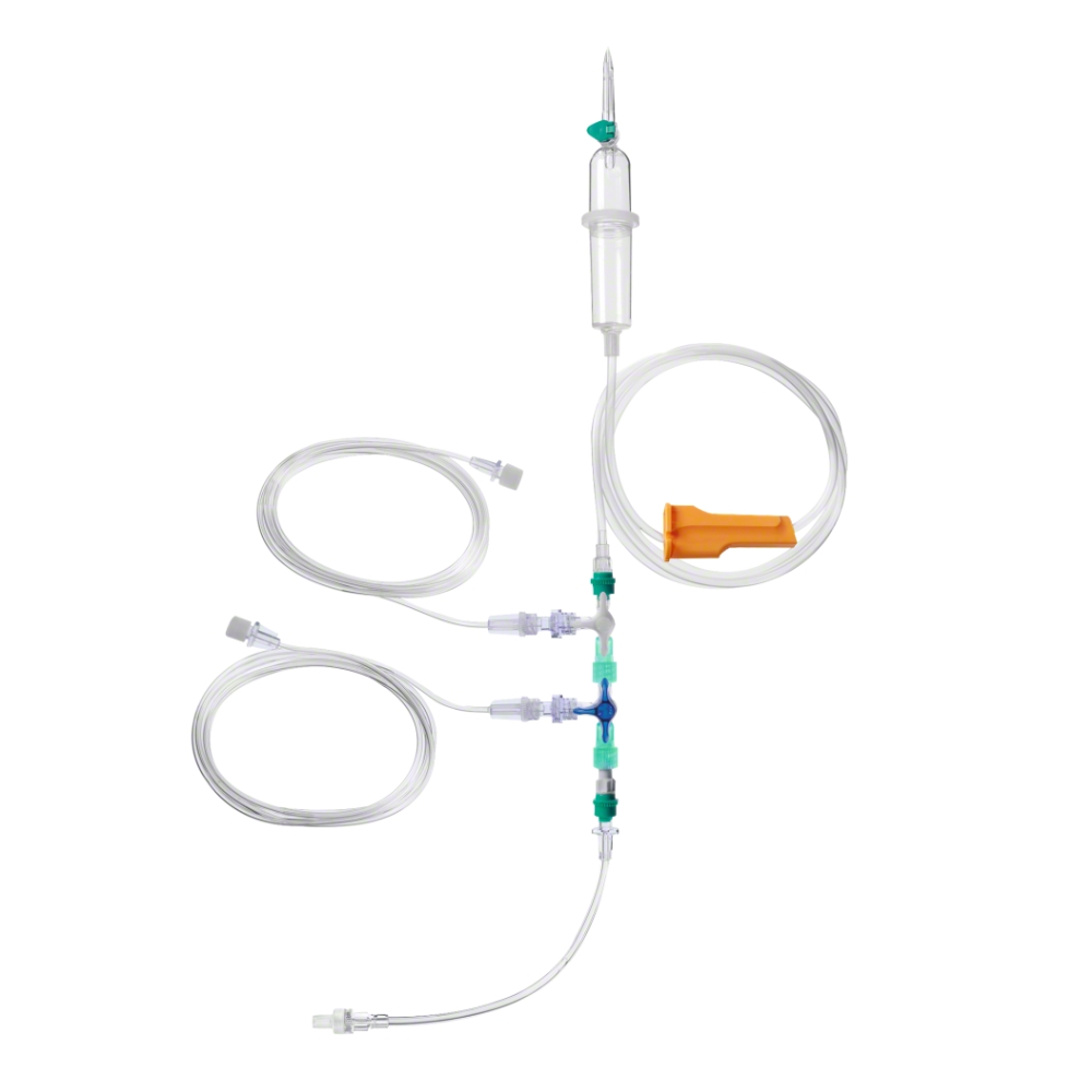 The B.Braun ProSet Infusion Set TIVA from B. Braun Deutschland GmbH & Co. KG is presented with transparent tubes, multiple ports and connectors, as well as a drip chamber. It is specially designed for intravenous anesthesia and features a roller clamp for precise flow control and a sharp spike for inserting fluid containers to ensure maximum infection protection.