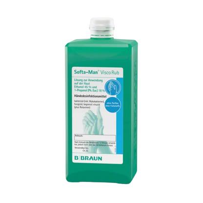 A green bottle of “B. Braun Softa-Man® ViscoRub hand disinfection and care” from B. Braun Deutschland GmbH & Co. KG with a note on skin compatibility. The label lists ethanol and 1-propanol as ingredients, and also depicts two hands and additional text in German.