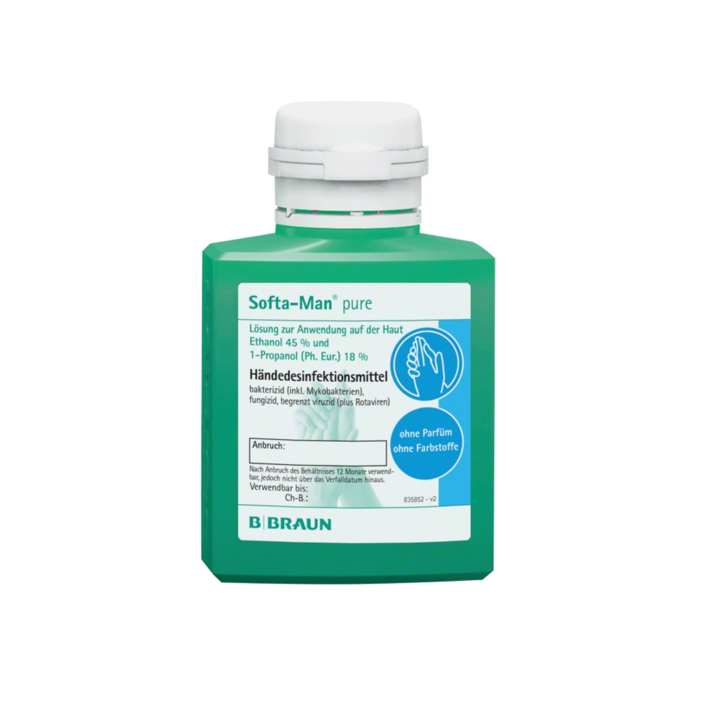 Depicted is a green bottle of B. Braun Softa-Man® pure hand disinfectant. This virucidal hand disinfectant contains 45% ethanol and is labeled as perfume and dye-free, making it ideal for hygienic hand disinfection.
