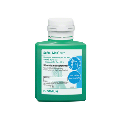 Depicted is a green bottle of B. Braun Softa-Man® pure hand disinfectant. This virucidal hand disinfectant contains 45% ethanol and is labeled as perfume and dye-free, making it ideal for hygienic hand disinfection.