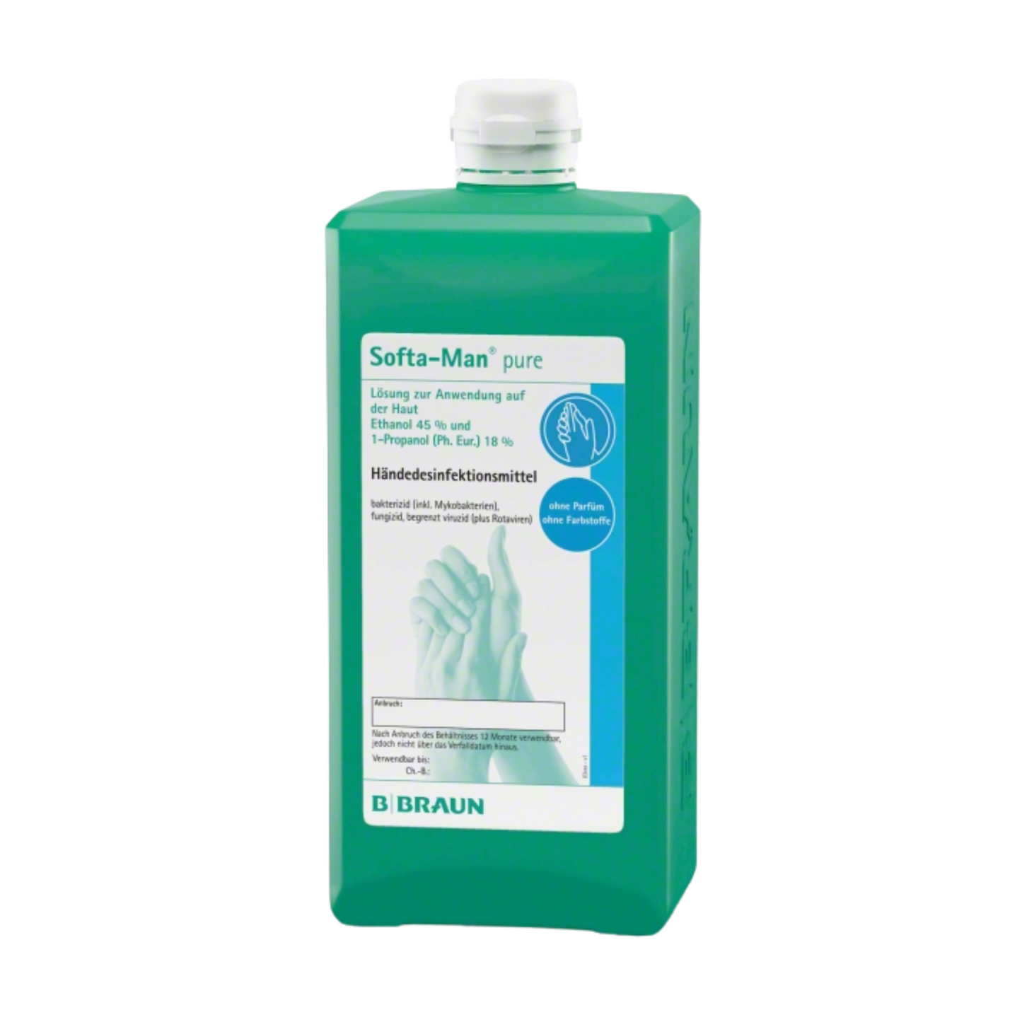 A bottle of B. Braun Softa-Man® pure hand disinfectant from B. Braun Deutschland GmbH & Co. KG with a green label and cap contains product details and virucidal application instructions, and the label also features an illustration of hand disinfection.