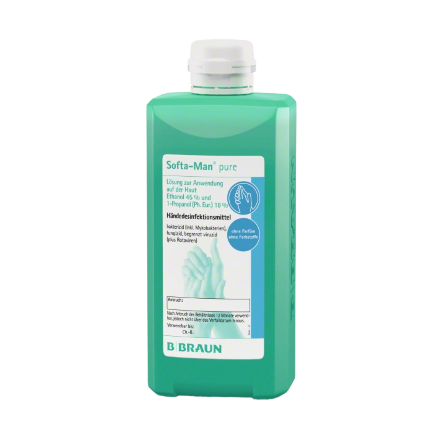 A green bottle of B. Braun Softa-Man® pure hand disinfectant from B. Braun Deutschland GmbH & Co. KG carries a label with instructions for virucidal skin use, with ethanol and propanol listed in German, next to a picture of hands, and is sealed with a white cap.