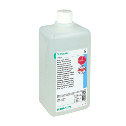 The rectangular, environmentally friendly white bottle B. Braun Softaskin® Wash Lotion from B. Braun Deutschland GmbH & Co. KG shows text in several languages on the front label and features a twist cap. It contains 1000 ml of mild wash lotion, emphasizing its commitment to microplastic-free products for an environmentally conscious choice.