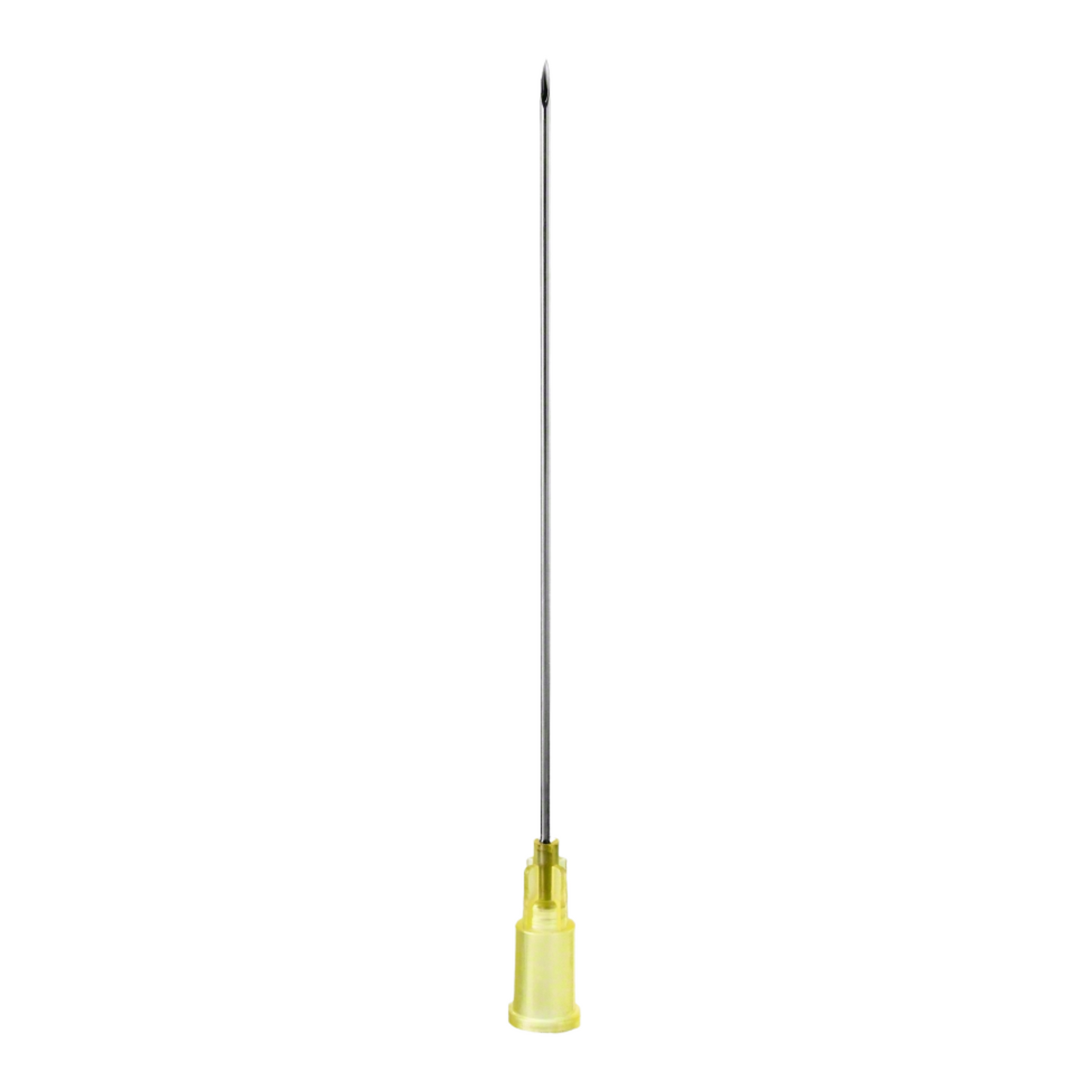 The B. Braun Sterican® Deep Intramuscular Needle from B. Braun Deutschland GmbH & Co. KG features a long, slender metal shaft with a sharp tip, connected to a yellow plastic hub, making it perfect for single-use needles or intramuscular injections. The needle is depicted vertically against a plain white background.