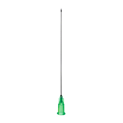 The image shows a close-up of a B. Braun Sterican® Deep Intramuscular Needle with its green plastic base and slender metal shaft against a plain white background, from B. Braun Deutschland GmbH & Co. KG.
