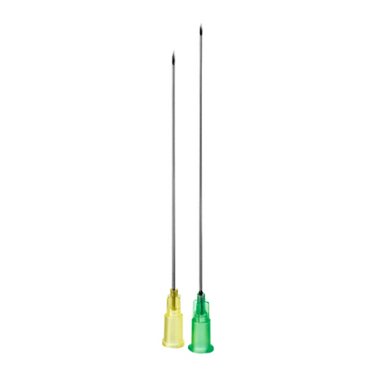 Two medical needles from B. Braun Sterican® Deep Intramuscular Needle are depicted vertically against a white background. The left needle has a yellow tip, the right one a green tip. Both needles, manufactured by B. Braun Deutschland GmbH & Co. KG, have sharp tips and vary in length, making them suitable for precise intramuscular injections.