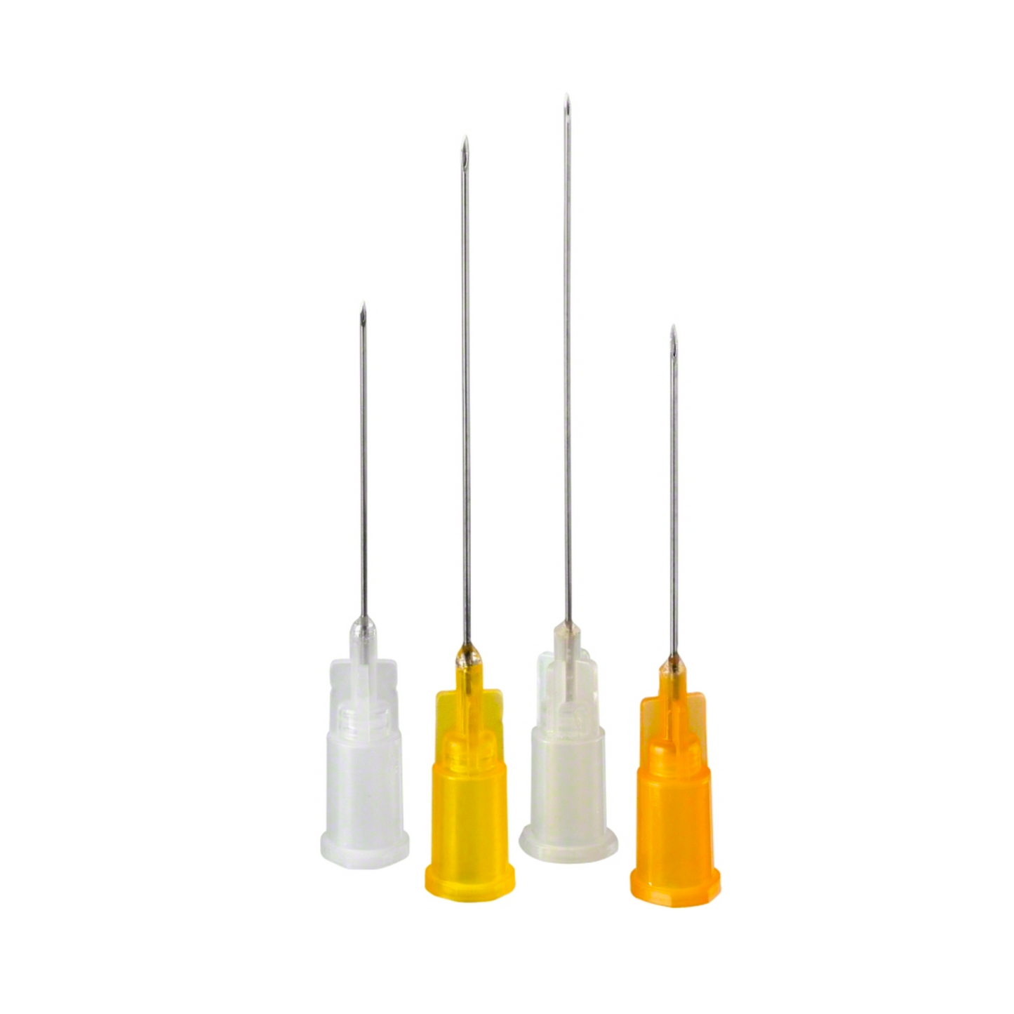 Four injection needles with colored bases stand upright. The bases resemble those of B.Braun Sterican® for dental anesthesia products and are white, yellow, and orange. These disposable cannulas are intended for dental anesthesia applications by B. Braun Deutschland GmbH & Co. KG and vary in length from the shortest to the longest.