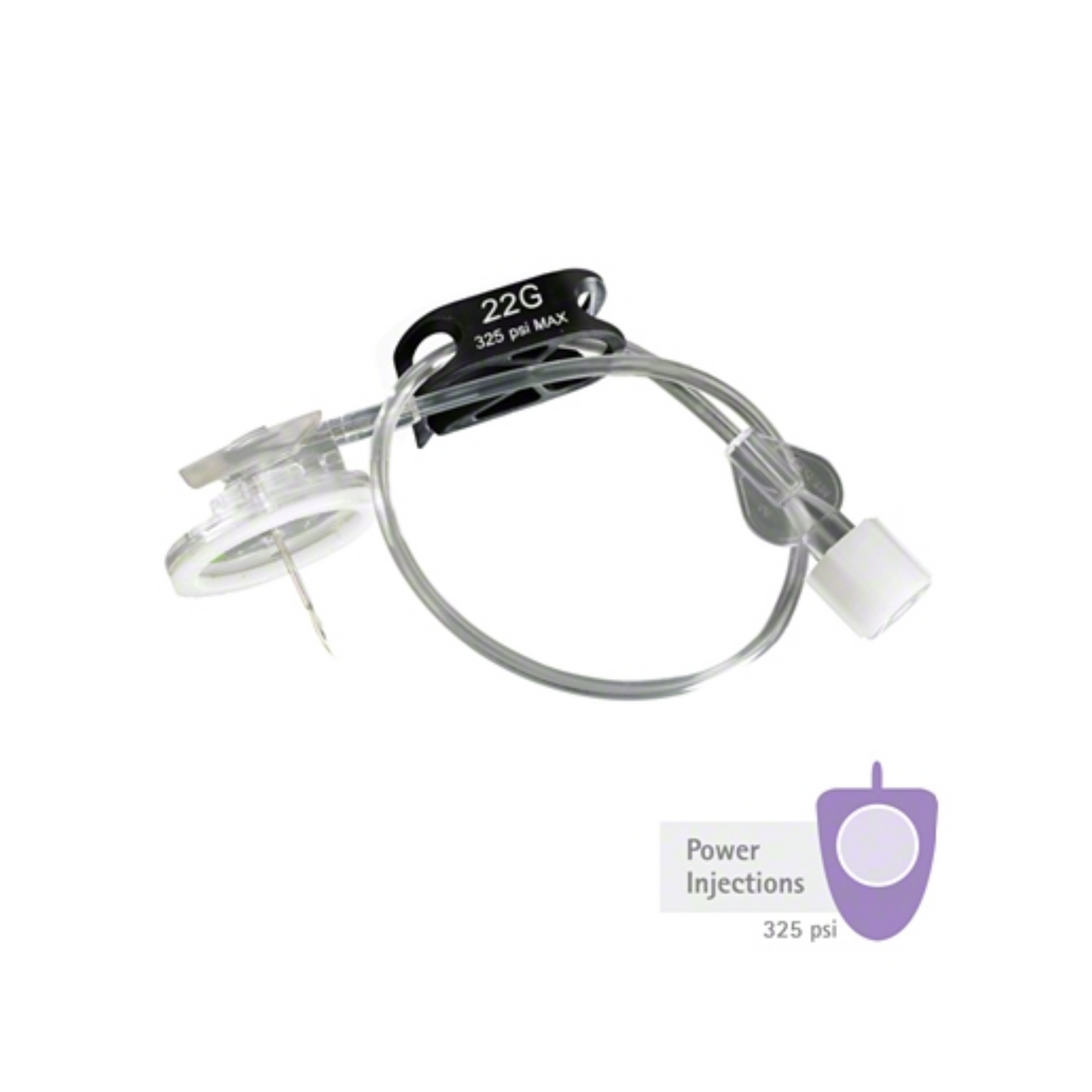 The image shows the B. Braun Surecan® Safety II safety port needle, which consists of a 22-gauge needle connected to a clear tube with a white cap. The label indicates that it can handle power injections up to 325 psi when used with the Surecan® Safety II port catheter systems. A purple symbol emphasizes “Power Injections 325 psi.”