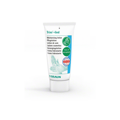 Tube of the moisturizing B. Braun Trixo®-lind care lotion with multilingual text. The packaging emphasizes that it is free of microplastics, contains coconut oil, and has a volume of 100 ml. Above additional brand and certification logos, a green hand symbol adorns the guarantee for a skin-neutral pH value, courtesy of B. Braun Deutschland GmbH & Co. KG.