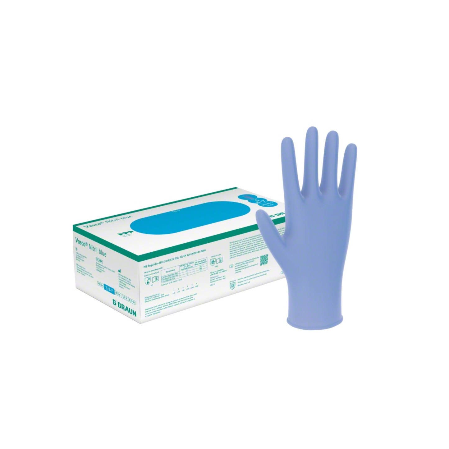 A box of B. Braun Vasco® nitrile blue examination gloves with a rolled cuff, marked for medical use, is pictured. Next to it, a glove stands upright. On the box, there are text and graphics with detailed specifications and trademarks of B. Braun Deutschland GmbH & Co. KG, clearly marked as latex-free.