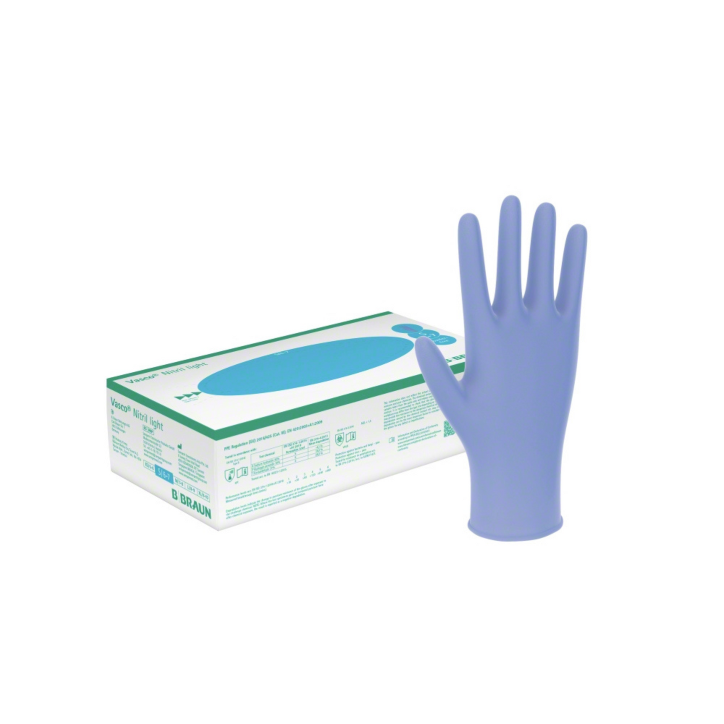 A blue disposable glove stands upright next to a box of B. Braun Vasco® Nitril light examination gloves from B. Braun Deutschland GmbH & Co. KG, where product details such as glove size and brand information are clearly visible. These latex-free medical gloves ensure comfort and safety for every user and are available in packs of 100/90 pieces.