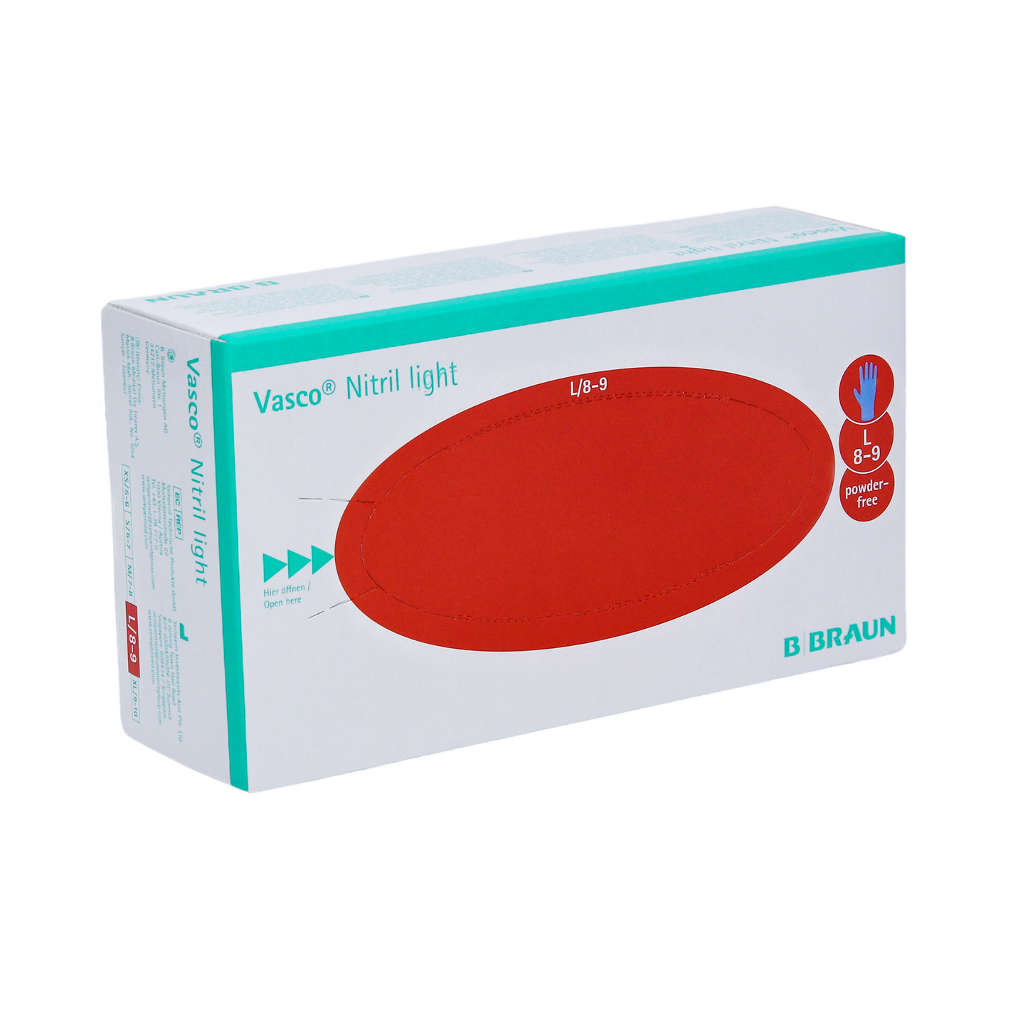 Pictured is a box of B. Braun Vasco® Nitril light examination gloves containing 150 pieces. The packaging is designed in white with turquoise and red accents, indicates size L/8-9, and emphasizes that the gloves are powder-free. Ideal for latex allergy sufferers, the brand name B. Braun Deutschland GmbH & Co. KG is prominently placed in the lower right corner.