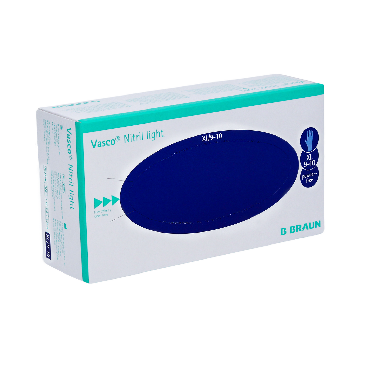 A box of B. Braun Vasco® Nitril light examination gloves from B. Braun Deutschland GmbH & Co. KG labeled XL/9-10 is in predominantly white packaging with a large blue oval design and text indicating that these medical gloves are powder and latex-free.