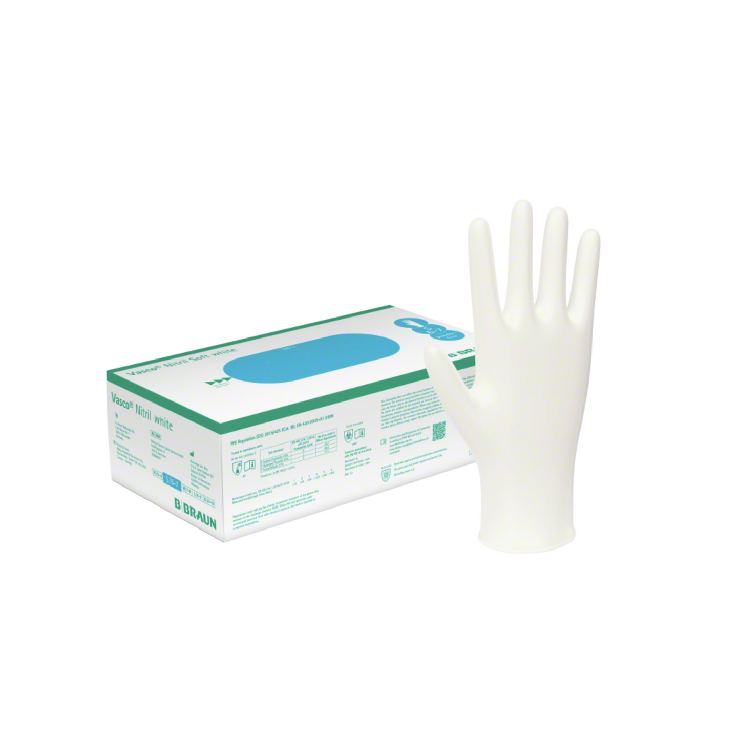 Pictured is a box of B. Braun Vasco® nitrile white disposable gloves from B. Braun Deutschland GmbH & Co. KG, with a white glove standing upright on the front. The latex-free packaging features blue and green accents as well as text and logo details, emphasizing its suitability as examination gloves for medical use.