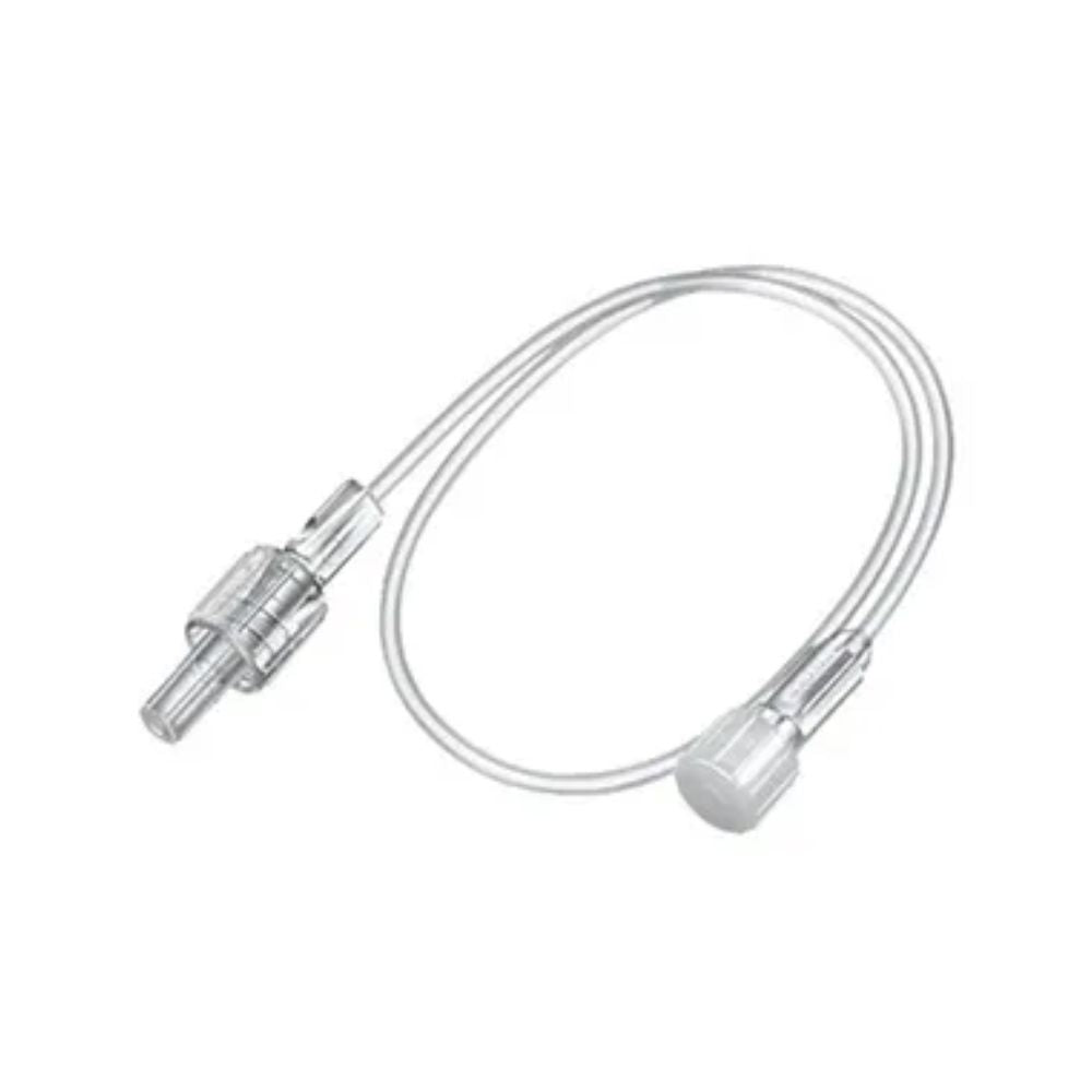 The B. Braun infusion accessory Original Perfusor® line MR features a flexible, translucent connector with a ribbed cylindrical end and a smooth, rounded end, ideal for infusion therapy.