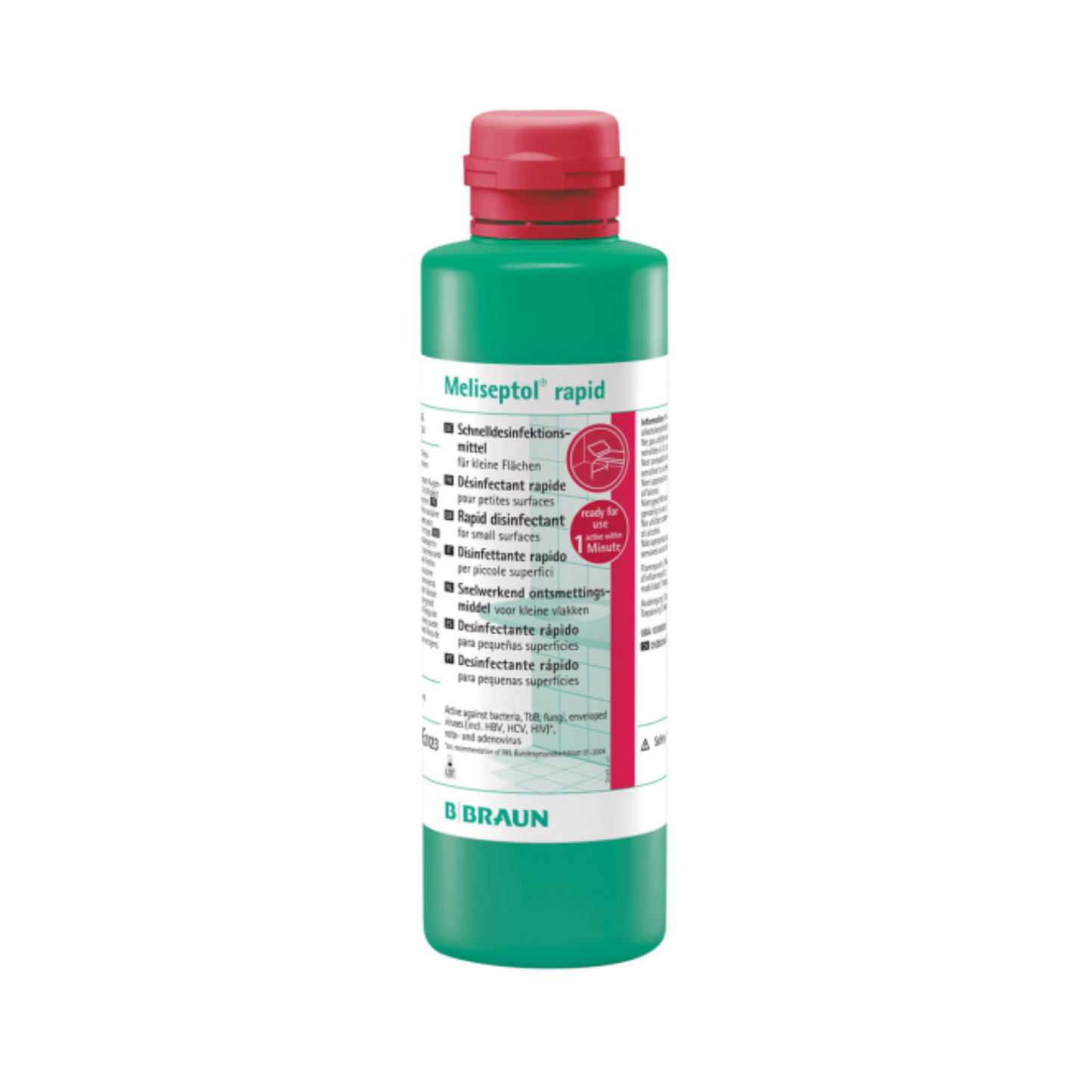 Green bottle B. Braun Meliseptol® rapid quick disinfection with a red cap. The label contains text in multiple languages and features a central, round red logo highlighting its effectiveness for surface cleaning. The brand name B. Braun Deutschland GmbH & Co. KG is elegantly displayed in blue letters at the bottom.