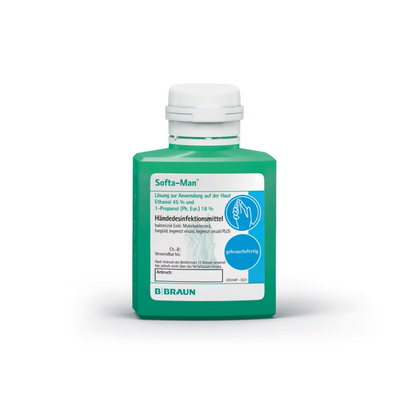 A green bottle of B. Braun Softa-Man® hand sanitizer from B. Braun Deutschland GmbH & Co. KG with a white flip cap and a blue label with instructions, safety symbols, and details on skin compatibility.