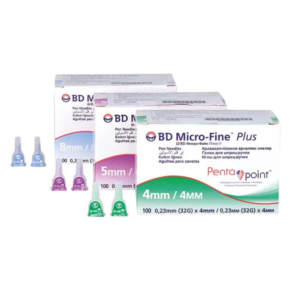 Three boxes of BD Micro-Fine Plus Pen Needles Pentapoint Technology are offered in sizes 4 mm, 5 mm, and 8 mm. Each box contains 100 needles with Pentapoint technology for high comfort. The color-coded packaging fits perfectly with various insulin pens. Brand: BD, Becton Dickinson GmbH.