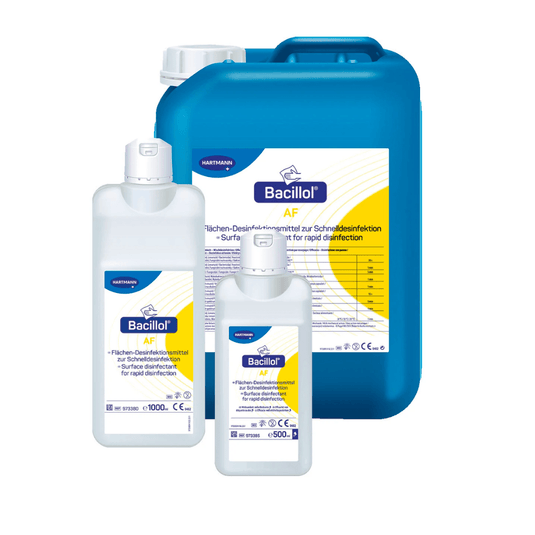 Four containers of BODE Bacillol® AF surface disinfectant from Paul Hartmann AG in various sizes, including a spray bottle, small and large bottles, and a jumbo container, all in blue and white.