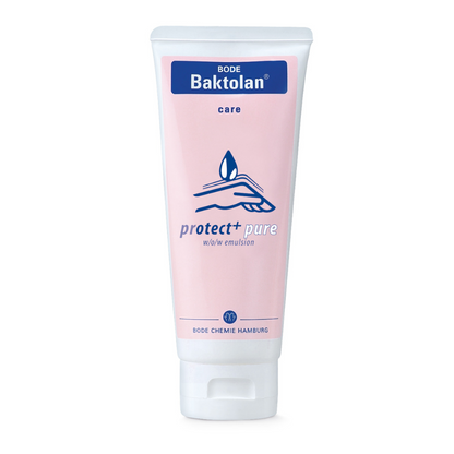 A tube of BODE Baktolan® protect+ pure cream from Paul Hartmann AG with a pink label and blue text, featuring the brand logo and the description "regenerating care w/o emulsion" from B.