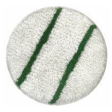 A round white Arcora bonnet pad from Arcora International GmbH with two diagonal green lines - perfect for use as cleaning pads. Delivered in a box with 5 pieces.