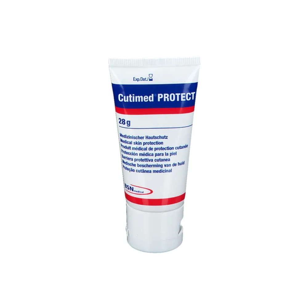 A 28-gram tube of BSN Cutimed® Protect Cream wound protection from BSN medical GmbH (essity) is predominantly white, with red and blue lettering showing text in multiple languages. The brand logo and other product details are printed on the front and highlight the moisturizing properties.