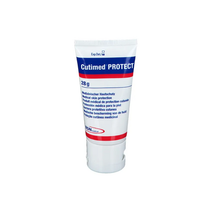 A 28-gram tube of BSN Cutimed® Protect Cream wound protection from BSN medical GmbH (essity) is predominantly white, with red and blue lettering showing text in multiple languages. The brand logo and other product details are printed on the front and highlight the moisturizing properties.