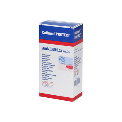 A package of BSN Cutimed® Protect Cream wound protection, 3 ml, to protect the skin, is packaged in blue, white, and red and features multilingual text and an illustration showing its use for the prevention of macerations. It is ideal for people with incontinence problems.