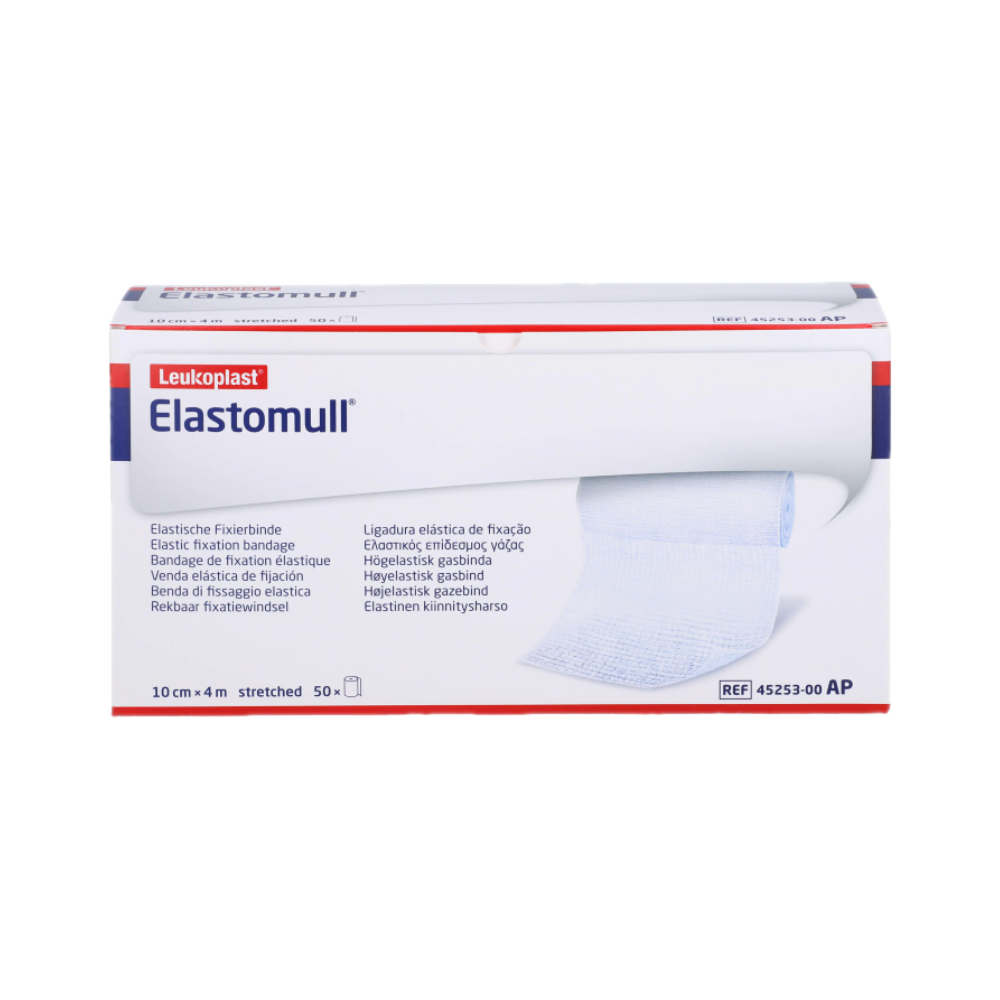 Presented is a box with the elastic fixation bandage BSN Elastomull® from BSN Medical GmbH, known for its good skin compatibility. The predominantly white packaging with red and blue accents contains multilingual text, while the bandage—with high cotton content—is partially unrolled on the front.