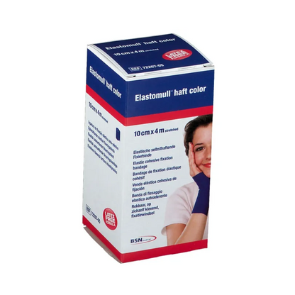 A pack of BSN Elastomull® haft color fixation bandage from BSN Medical GmbH is depicted in a blue-red design and contains product information in multiple languages. On the front, there is an image of a person using the elastic fixation bandage, highlighting its effectiveness as a latex-free option.