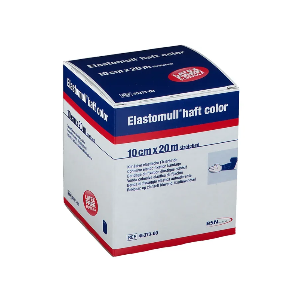 Displayed is a BSN Elastomull® haft color box from BSN Medical GmbH, predominantly in blue and white with red accents. The dimensions "10 cm x 20 m stretched" are clearly visible. This latex-free polymer product is described as a cohesive, elastic fixation bandage.