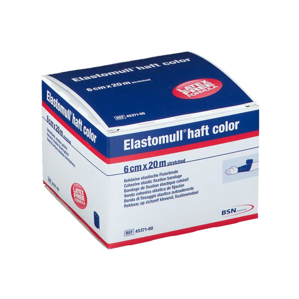 The image shows a box of BSN Elastomull® haft color, an elastic fixation bandage measuring 6 cm x 20 m from BSN Medical GmbH. The blue-white packaging with red accents contains product details in multiple languages and emphasizes the latex-free polymer composition for maximum comfort.