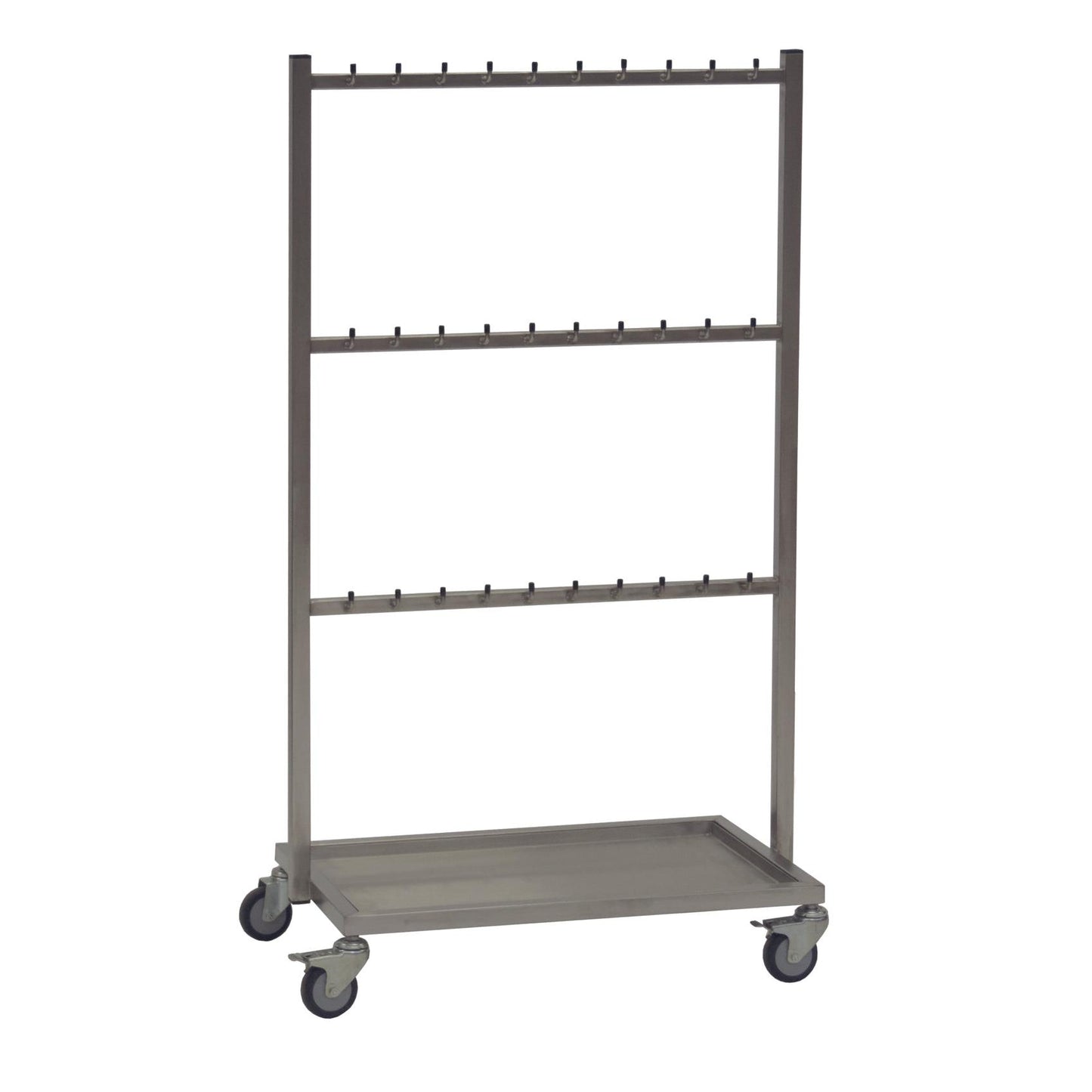 Der Novocal Bauchtuchwagen aus Edelstahl bietet 3 Querstreben mit je 10 Haken, vier Rollen und eine Edelstahlbodenwanne-ideal zur Organisation in Krankenhauseinrichtungen oder als medizinischer Wagen.