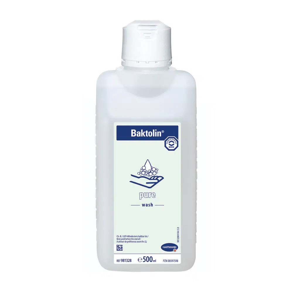 A white bottle of Hartmann Baktolin® pure wash lotion with a blue label containing product information. The label features water droplets and a hand wash basin, indicating that it is a hand soap. The bottle contains 500 ml.