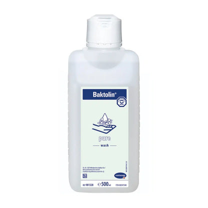 A white bottle of Hartmann Baktolin® pure wash lotion with a blue label containing product information. The label features water droplets and a hand wash basin, indicating that it is a hand soap. The bottle contains 500 ml.
