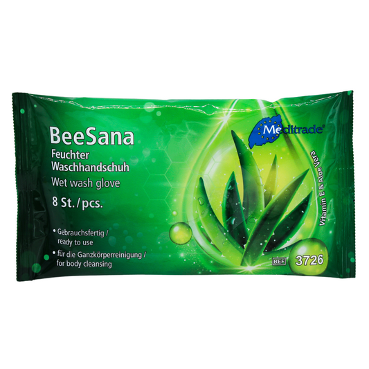 BeeSana moist wash gloves with aloe vera, 8 pieces/pack.