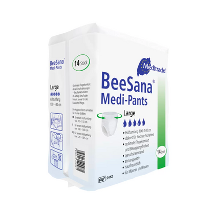 Packaging of BeeSana® Medi-Pants, large incontinence pants, shows a white-blue box with 14 incontinence slips. Symbols illustrate the use and the text highlights features like breathability and comfort with a Meditrade GmbH.