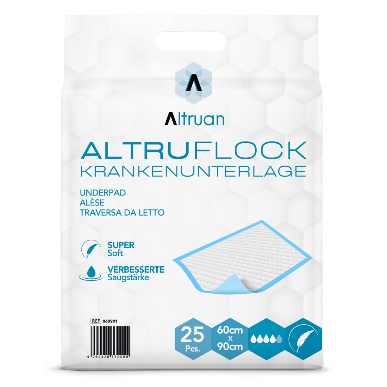 A package of Altruan Altruflock® bed protection pads 60 x 90cm Supersoft Extremely Absorbent | Package (25 pieces). The white package with a hexagonal pattern contains 25 pieces. Features like “Super Soft” and “Improved Absorbency” are highlighted in German. Perfect bed protection pads, each measuring 60 cm x 90 cm.