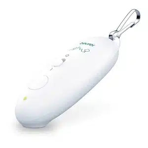 A white, portable insect bite healer BR 10 from Beurer GmbH with rounded edges, a small round button at the bottom, a larger oval button above it, and a metal clip at the top for attaching to objects. Text and a logo are printed on the front of the device.