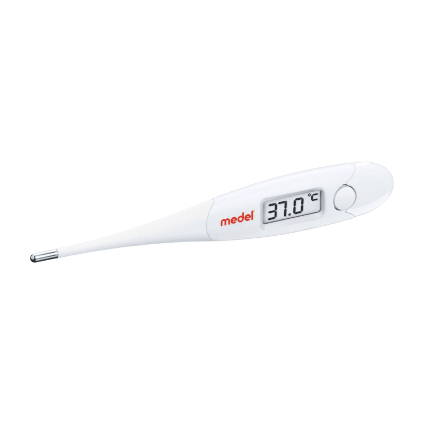 The discontinued Medel Digital Express Thermometer from Beurer GmbH shows 37.0°C on the display, has a white casing, flexible measuring tip, small button, and the red "Medel" logo.