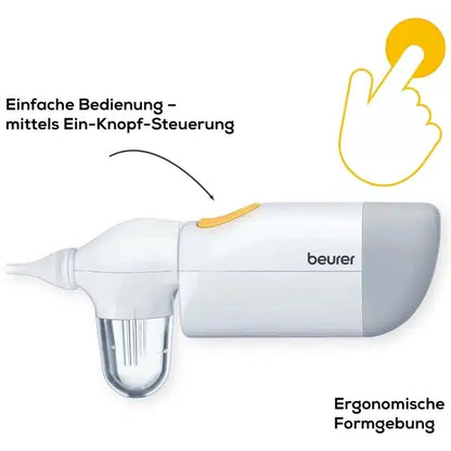 Der Auslaufartikel: Beurer Nasensauger NA 20 für Babys der Beurer GmbH hat ein weiß-graues Design, einen transparenten Behälter, einen gelben Druckknopf, einen deutschen Text zur sanften Nasenreinigung und eine ergonomische Ein-Knopf-Bedienung sowie eine Illustration des gedrückten Knopfes.